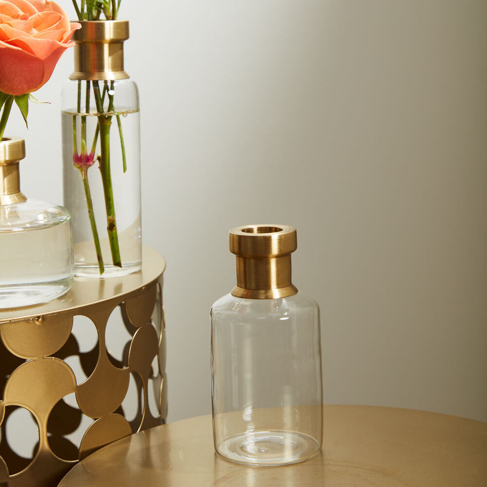 Jimmy Budvase another view, clear glass budvase with brass neck