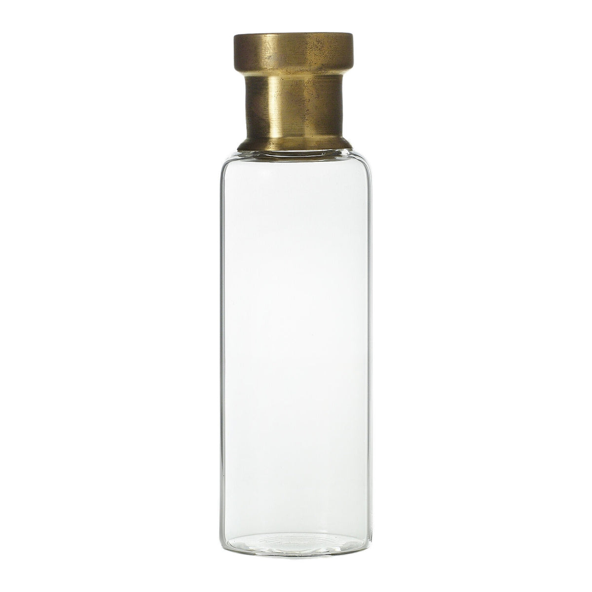 Jimmy Budvase close-up view, clear glass budvase with brass neck