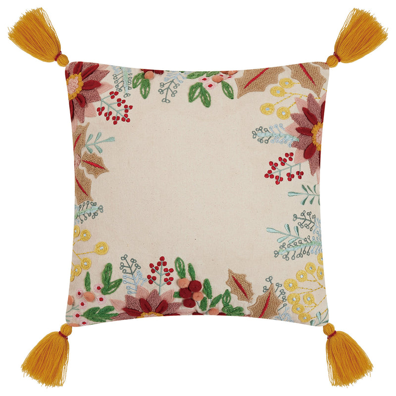 Boho Holiday Floral Edged Embroidered Throw Pillow