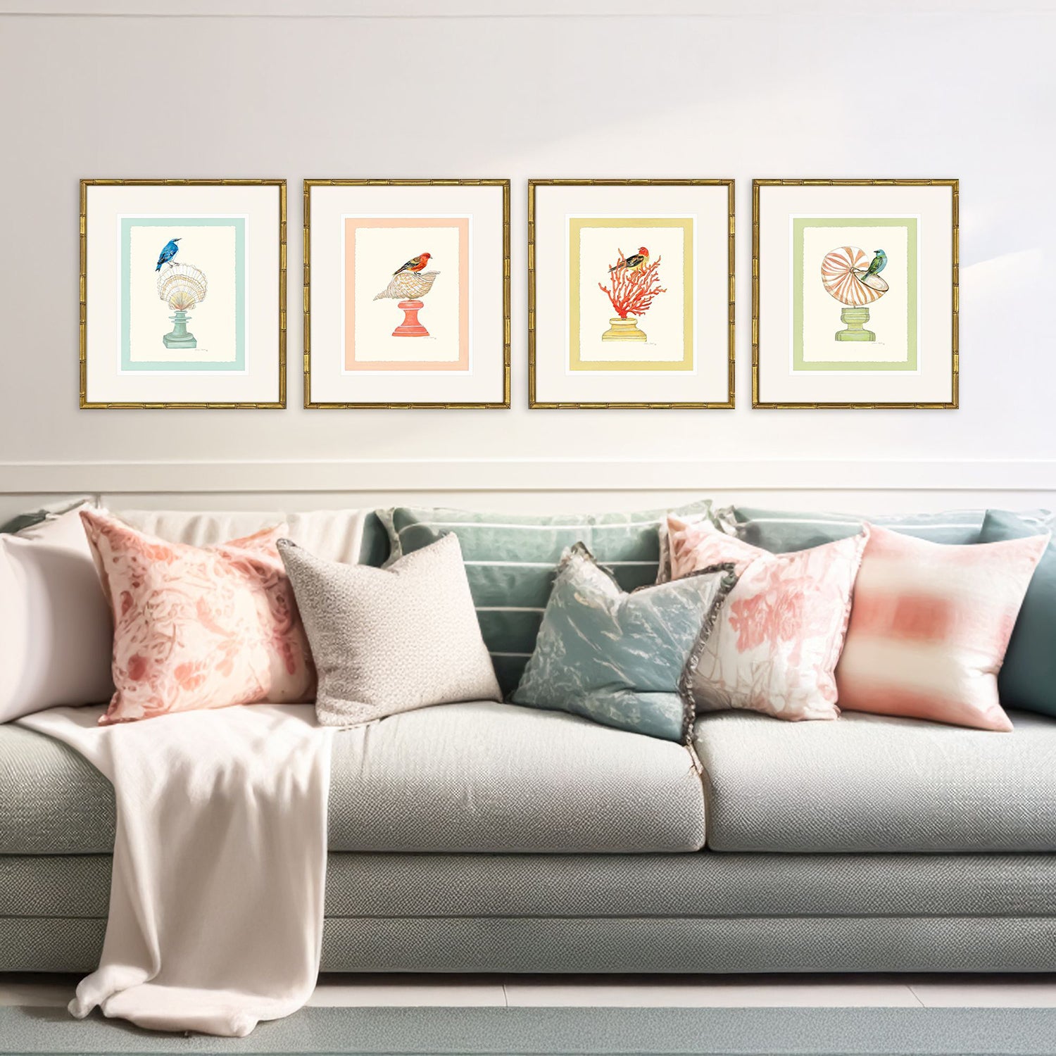 Clayton Bird with Shell Framed Artwork Set of 4