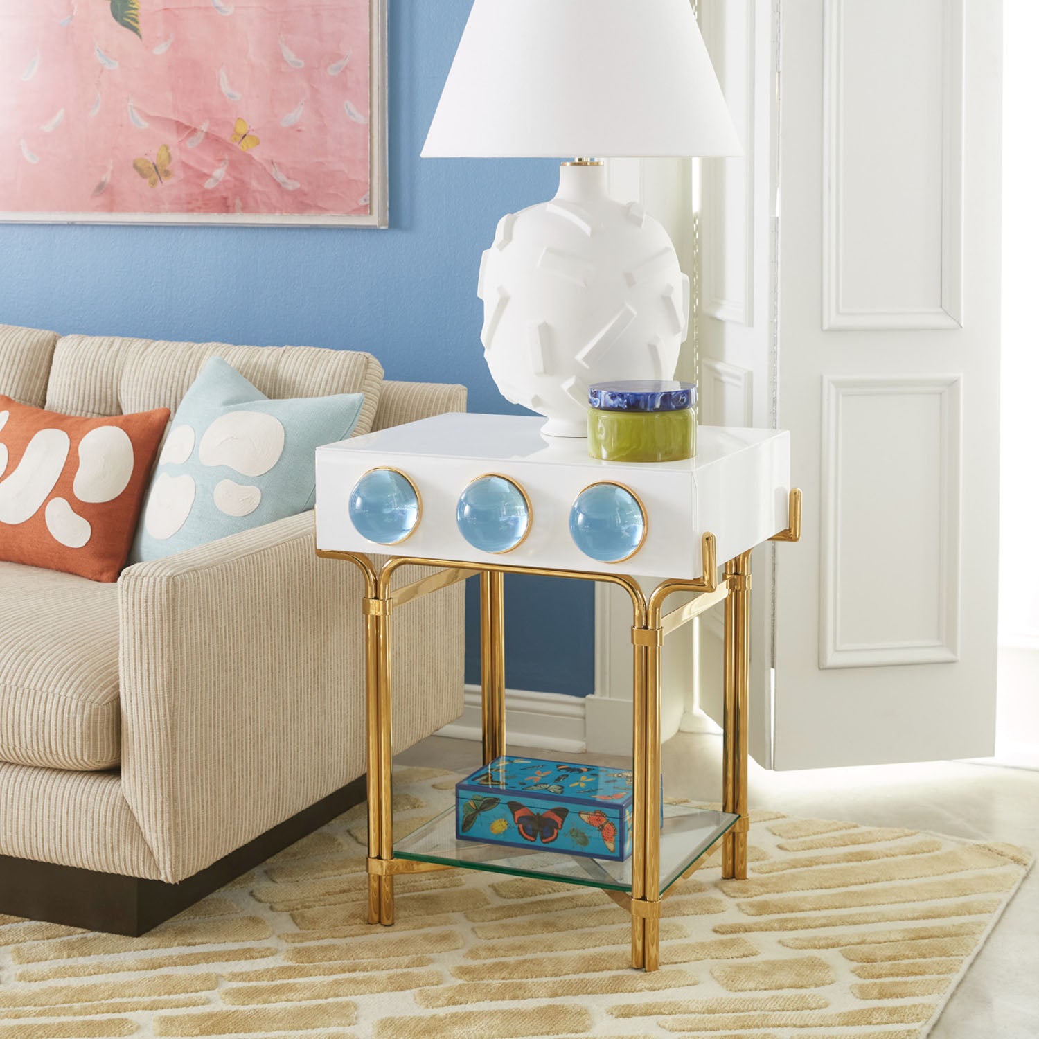 Jonathan Adler Botanist Lacquer Box in peacock blue with navy trim shown from a low angle