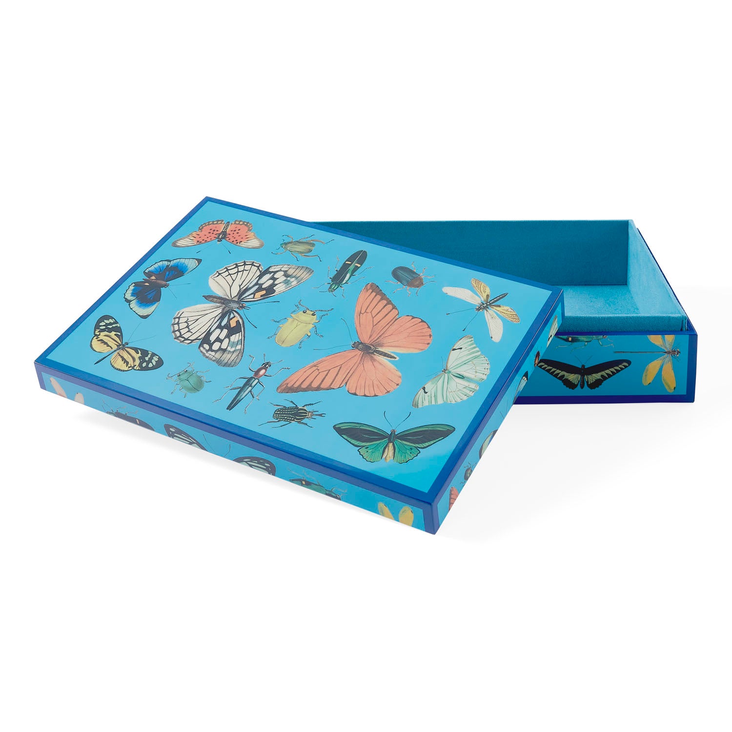 Jonathan Adler Botanist Lacquer Box in peacock blue with navy trim styled in a room