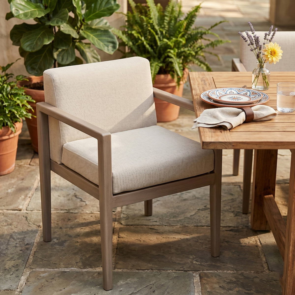 Solace Beige Olefin Performance Fabric Outdoor Patio Dining Arm Chair