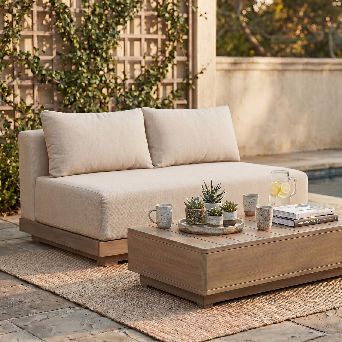Solace 55in Beige Olefin Performance Fabric Outdoor Patio Modular Loveseat