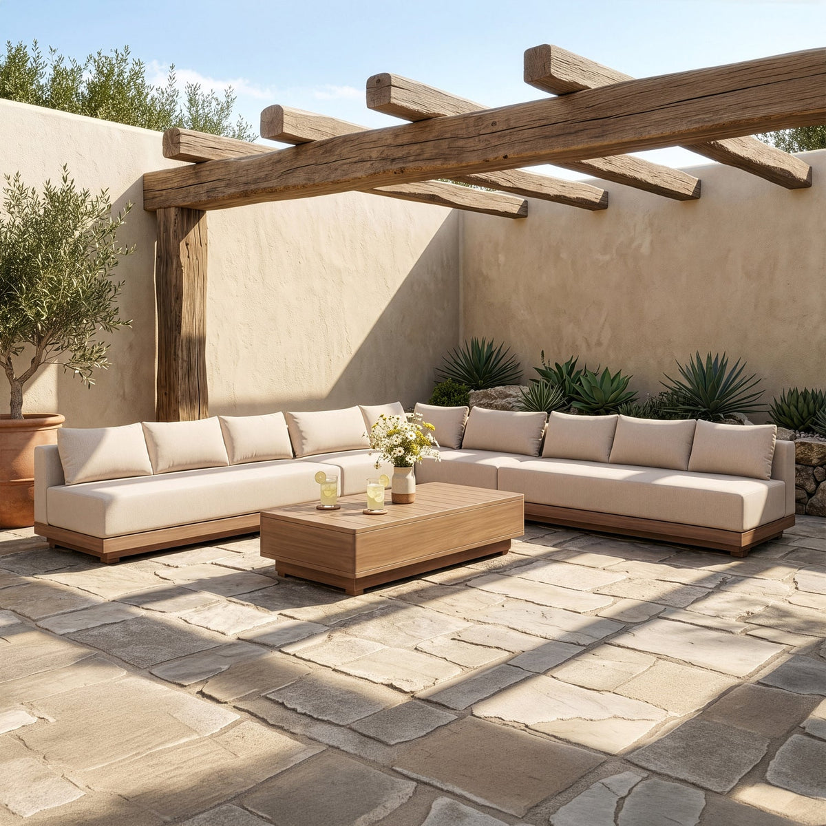 Solace Beige Olefin Performance Fabric 5 Piece Outdoor Patio Modular Sectional Sofa