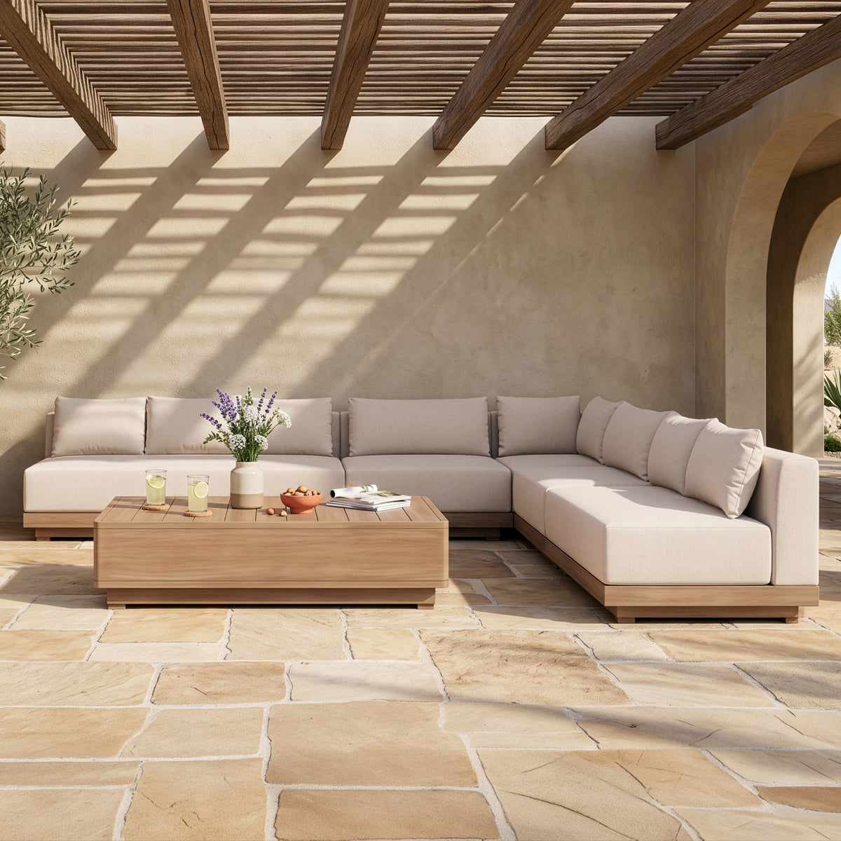 Solace Beige Olefin Performance Fabric 5 Piece Outdoor Patio Modular Sectional Sofa