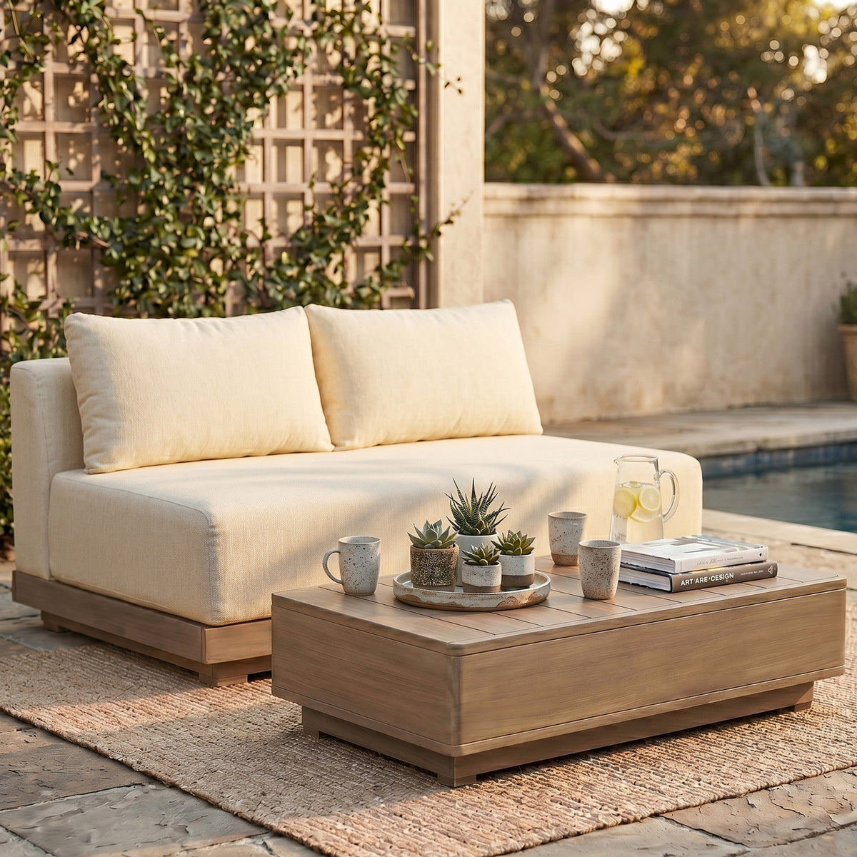 Solace 55in Cream Olefin Performance Fabric Outdoor Patio Modular Loveseat