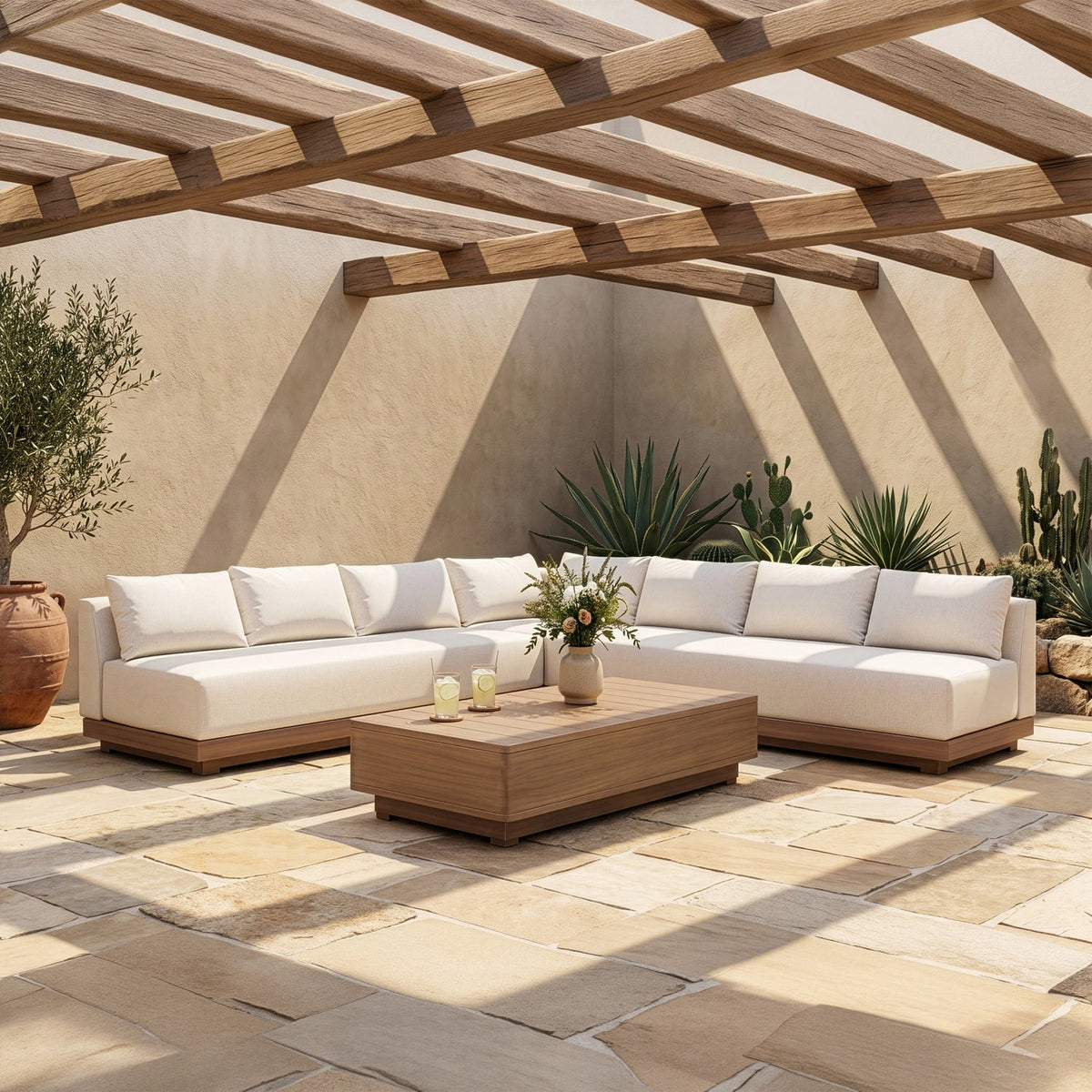 Solace Cream Olefin Performance Fabric 3 Piece Outdoor Patio Modular Sectional Sofa