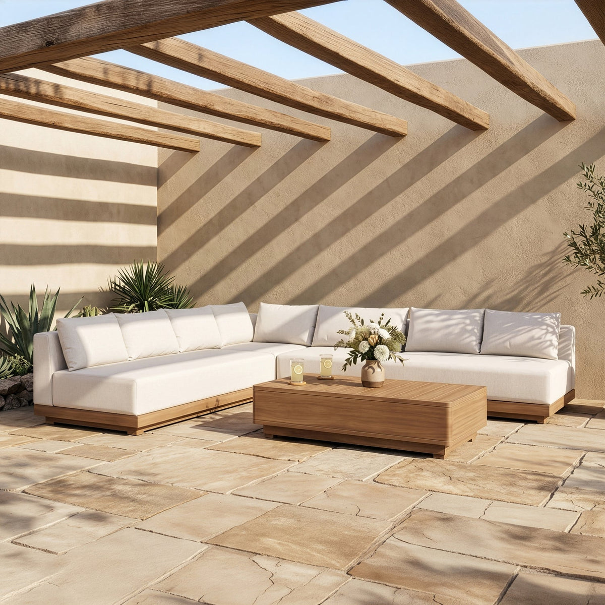Solace Cream Olefin Performance Fabric 4 Piece Outdoor Patio Modular Sectional Sofa