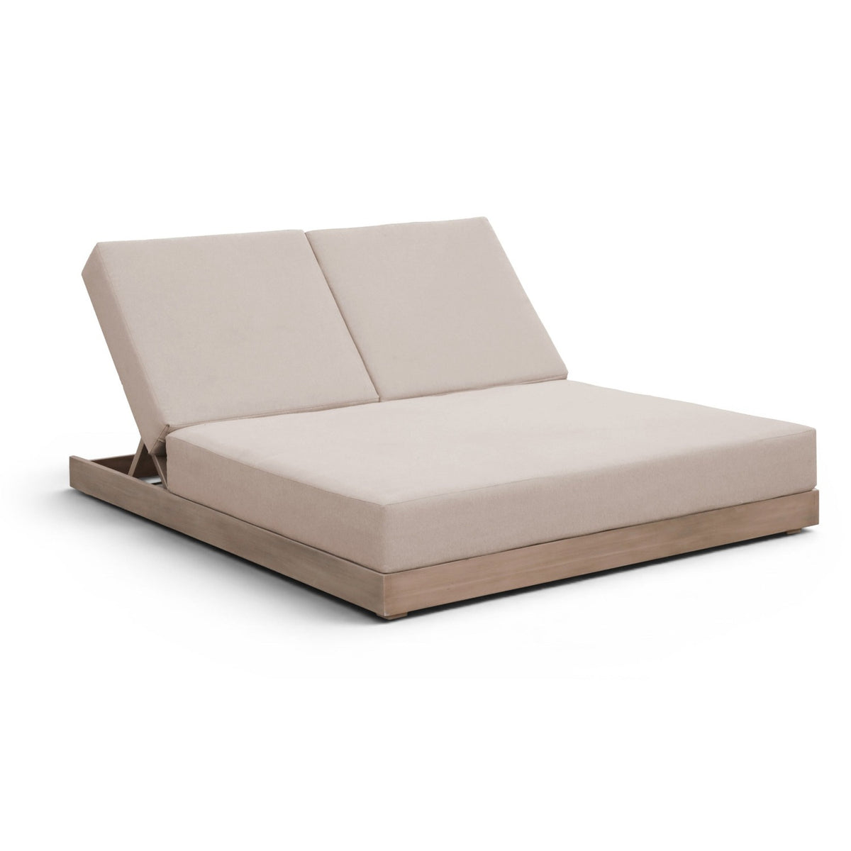 Solace Beige Olefin Performance Fabric Outdoor Patio Double Lounge Chair in beige olefin, acacia frame, primary product view