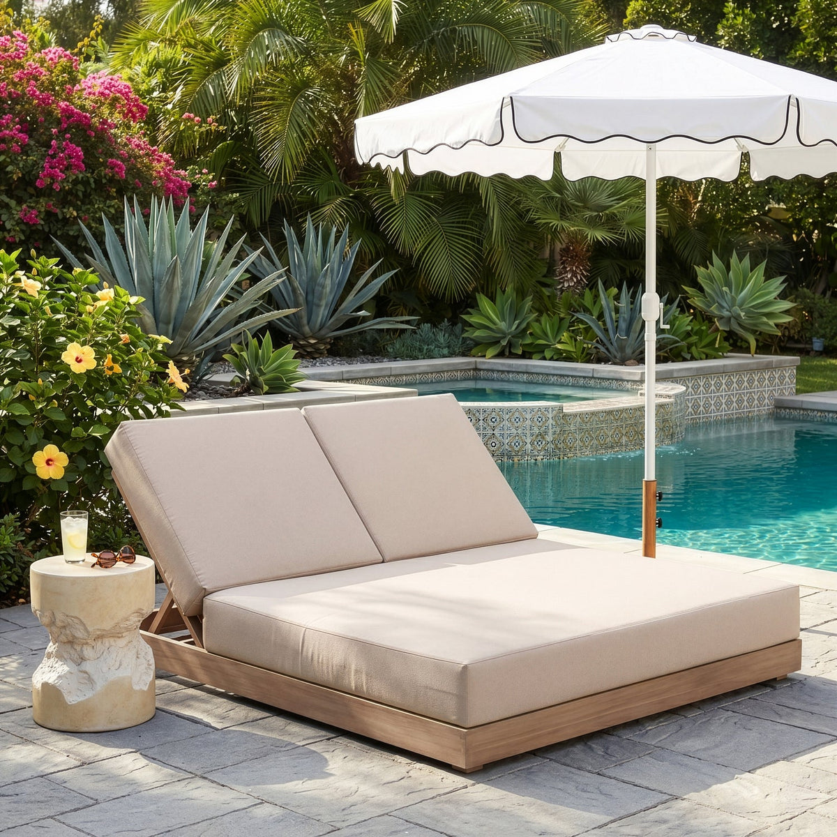 Solace Beige Olefin Performance Fabric Outdoor Patio Double Lounge Chair
