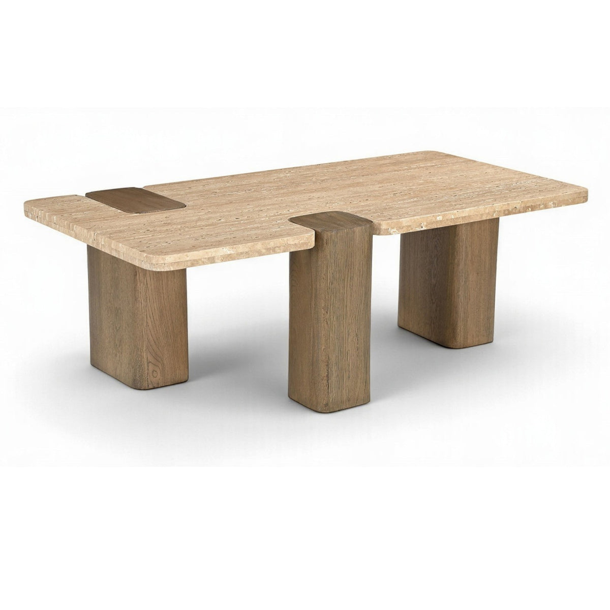 Ravenna Natural Genuine Travertine and Oak Wood Coffee Table in travertine on brown walnut oak base, primary product view