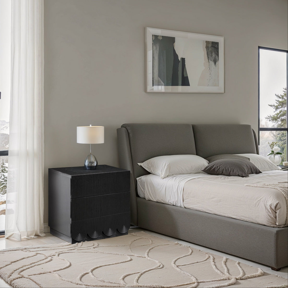 Scallop 24in Black Oak Veneer Nightstand Set of 2