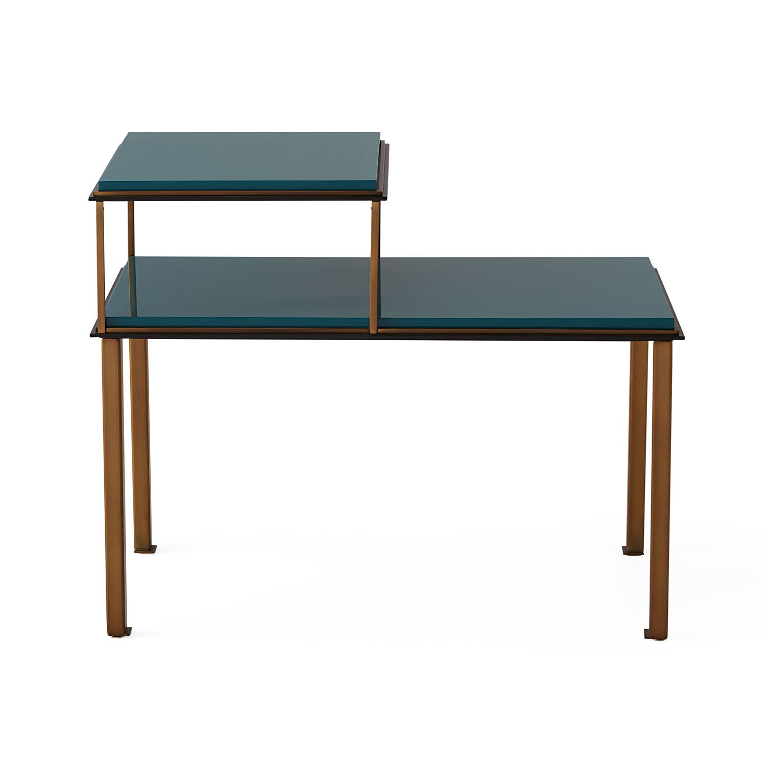 Jonathan Adler Side view of the Rider telephone table in teal lacquer with antique brass frame