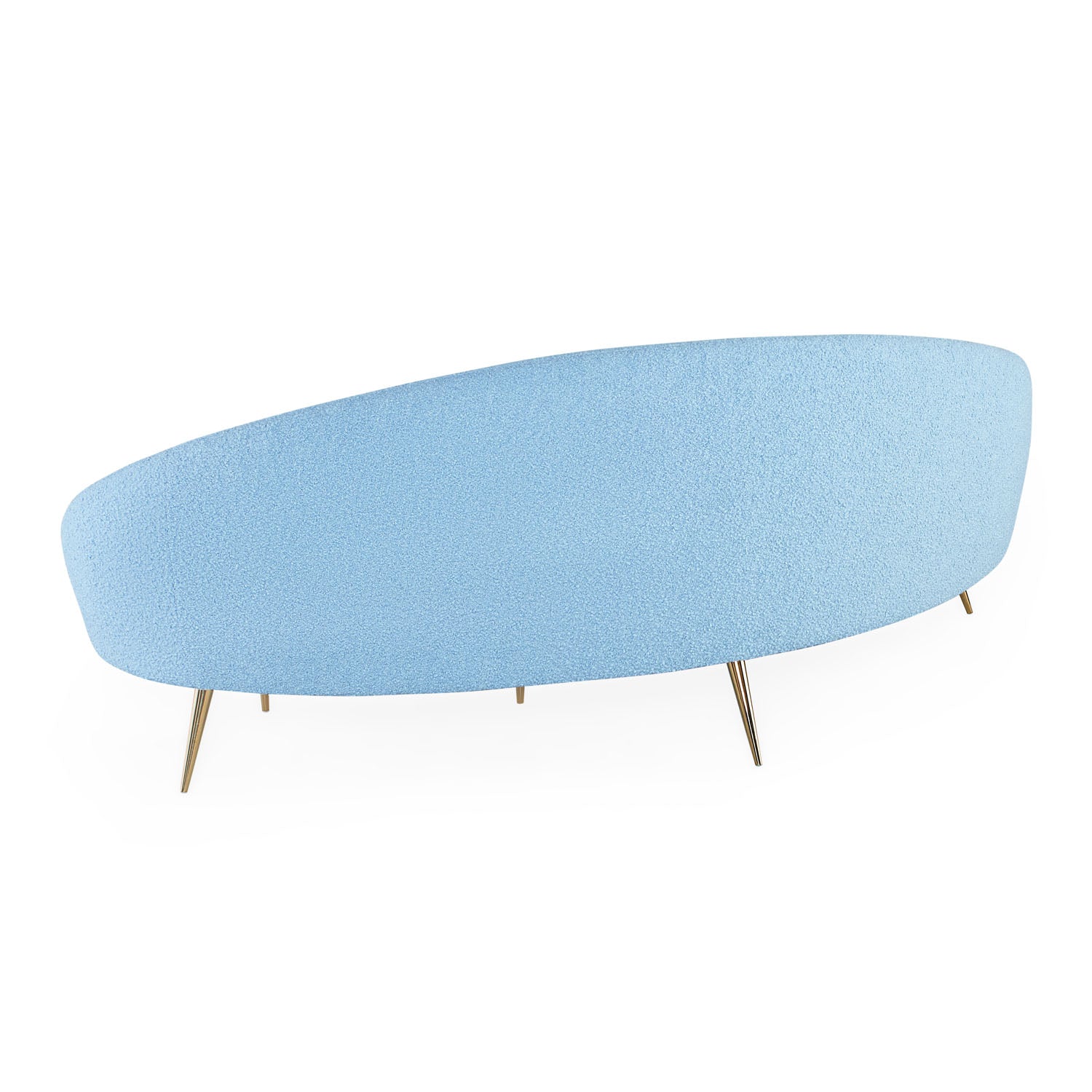Jonathan Adler Ether Curved Sofa in Cirrus Sky bouclé on brass legs shown to scale in a styled setting
