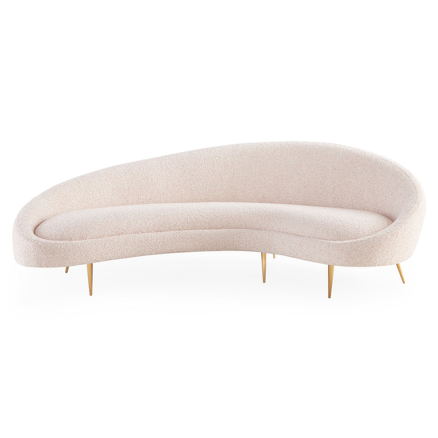 Jonathan Adler Ether Curved Sofa in Cirrus Blush bouclé on brass legs styled in a room