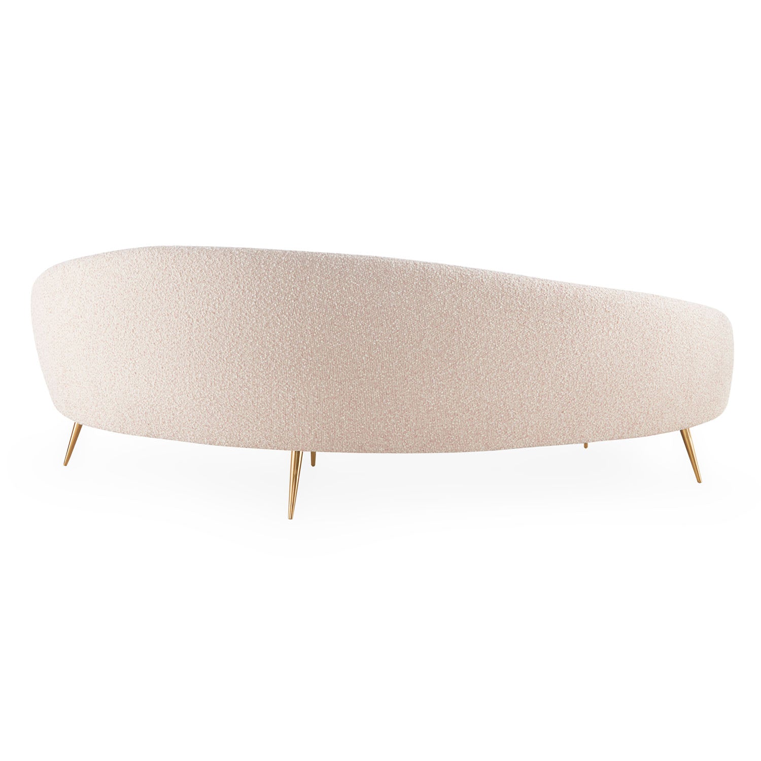 Side profile of Jonathan Adler Ether Curved Sofa in Cirrus Blush bouclé on brass legs