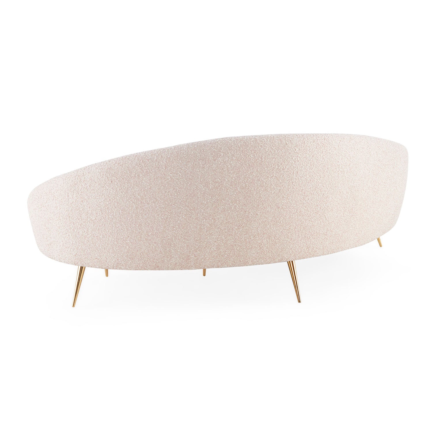 Jonathan Adler Ether Curved Sofa in Cirrus Blush bouclé on brass legs shown to scale in a styled setting