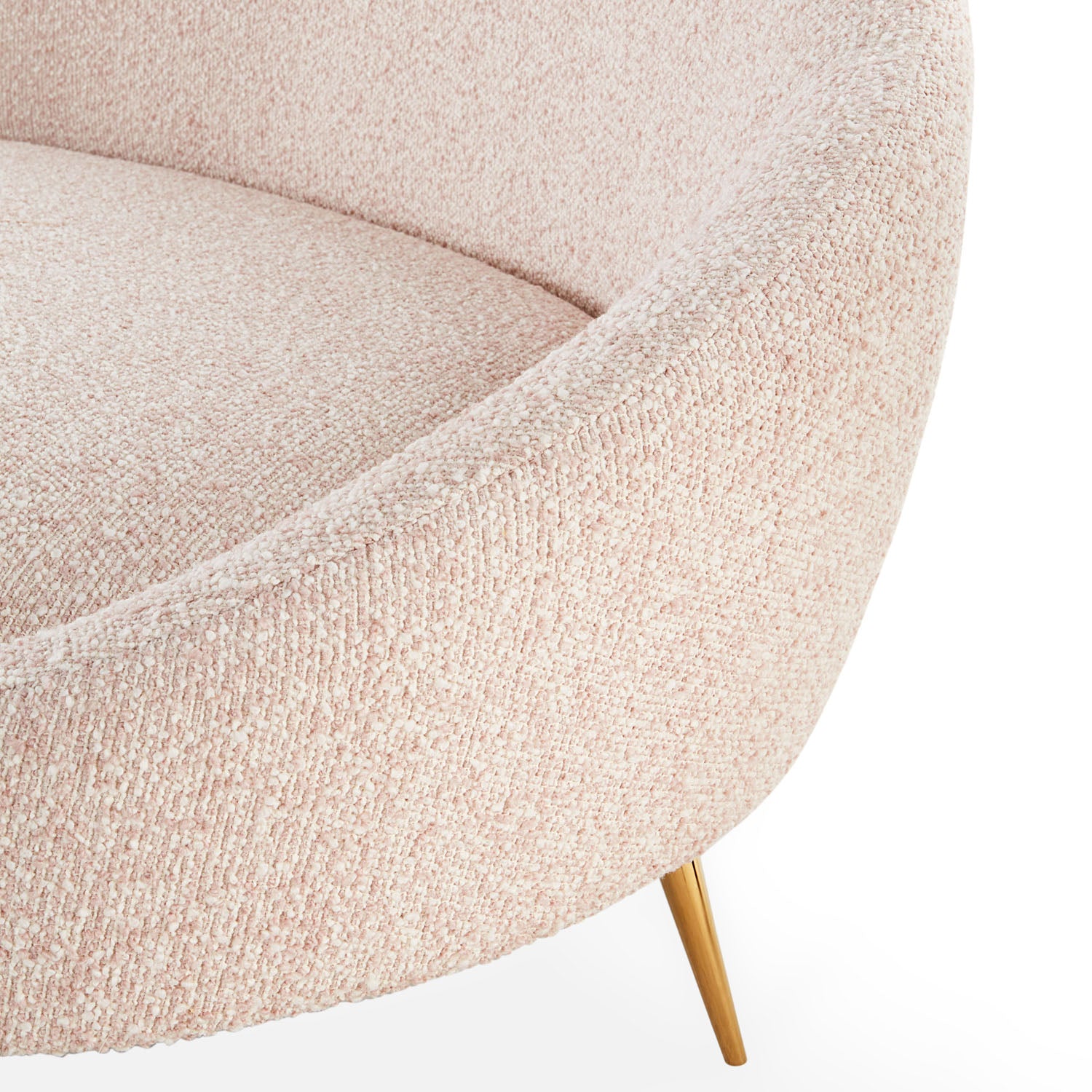 Overhead view of Jonathan Adler Ether Curved Sofa in Cirrus Blush bouclé on brass legs