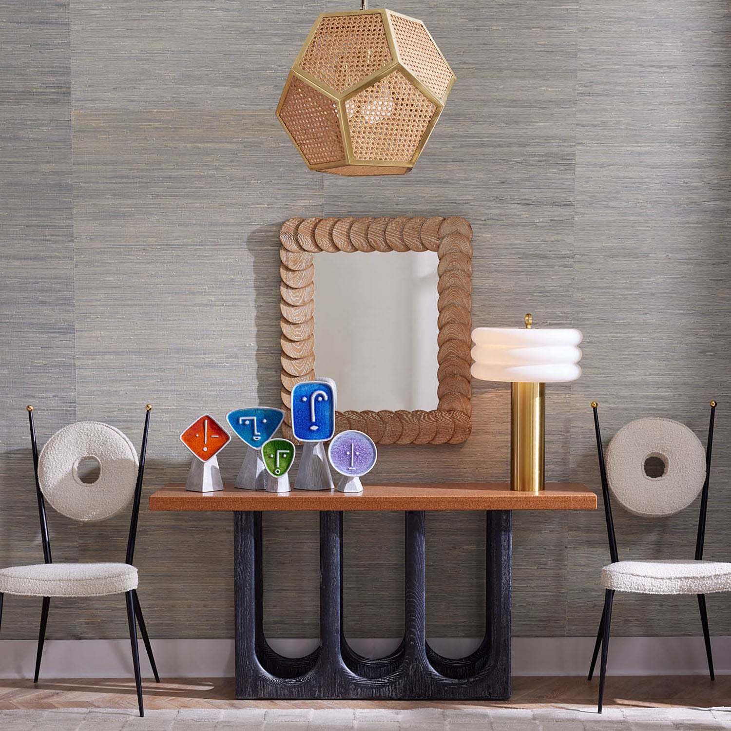 Detail of the stacked capsule milk glass shade