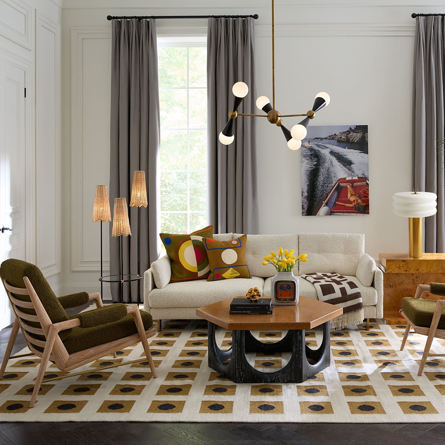 Jonathan Adler Alphaville Milk Glass Table Lamp with honed brass base styled in a room