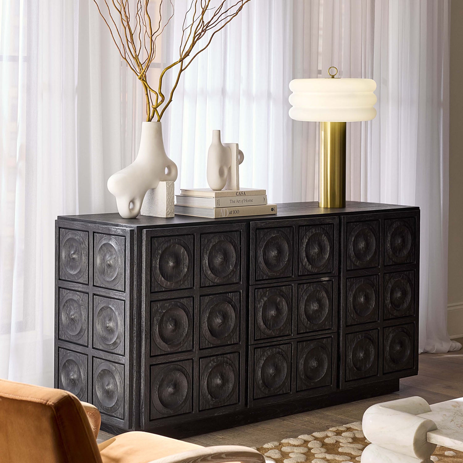 Side profile of Jonathan Adler Alphaville Milk Glass Table Lamp with honed brass base