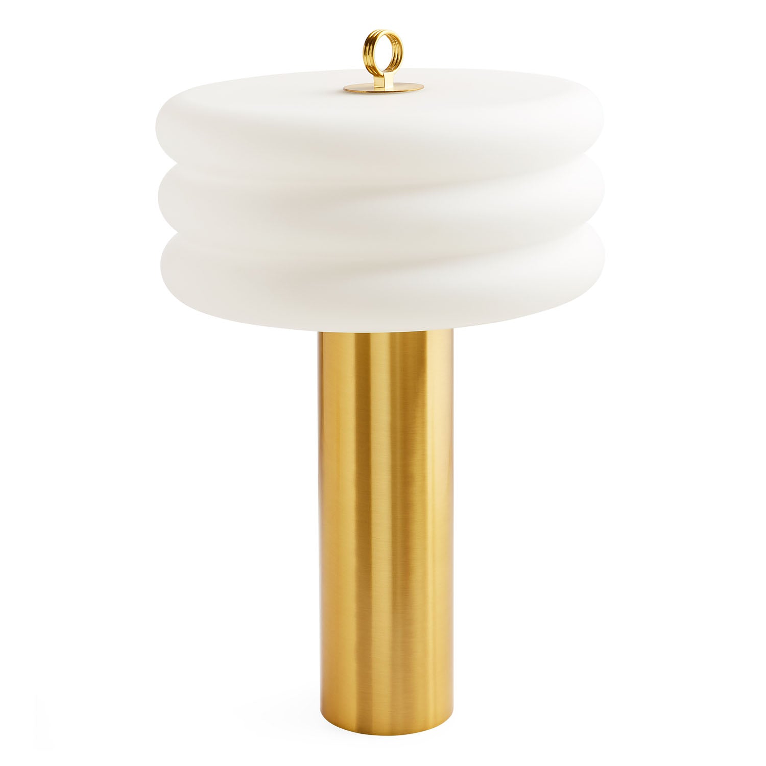 Jonathan Adler Alphaville Milk Glass Table Lamp with honed brass base shown to scale in a styled setting