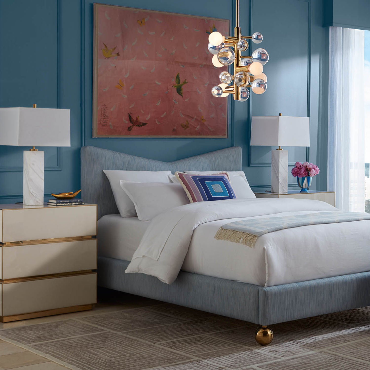 Jonathan Adler Canaan Table Lamp in solid Carrara marble shown to scale in a styled setting