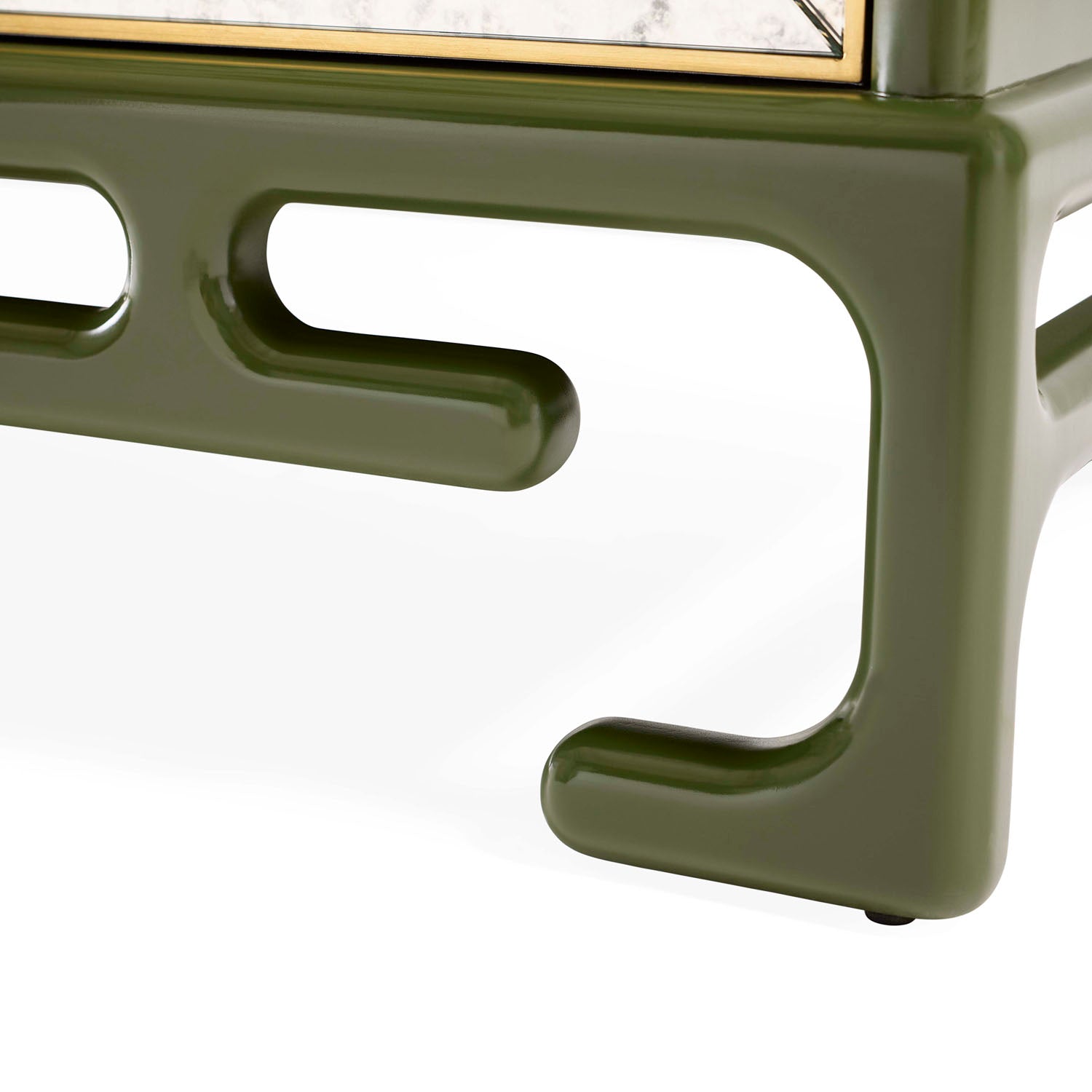 Back view of Jonathan Adler Baldwin Credenza in antiqued mirror and olive lacquer with brass