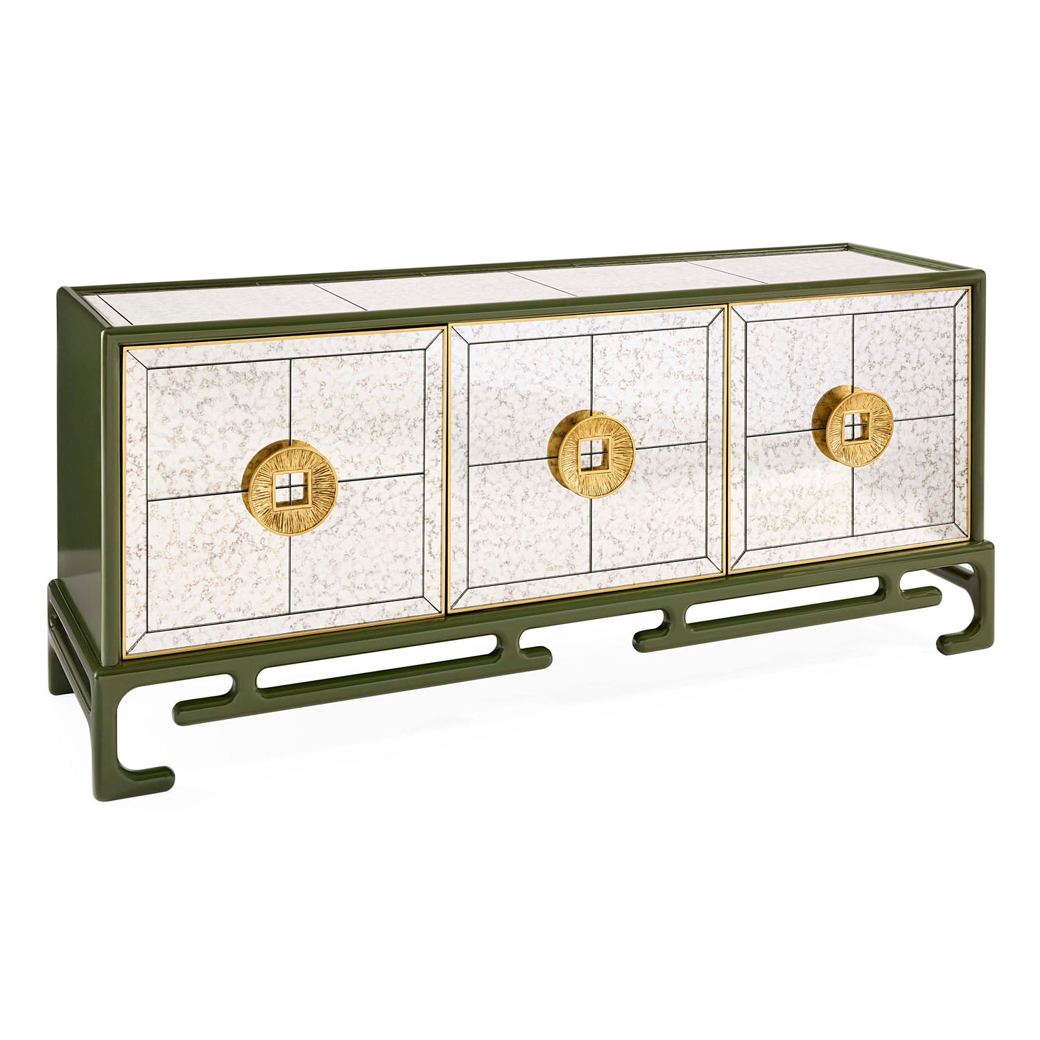 Jonathan Adler Baldwin Credenza in antiqued mirror and olive lacquer with brass styled in a room