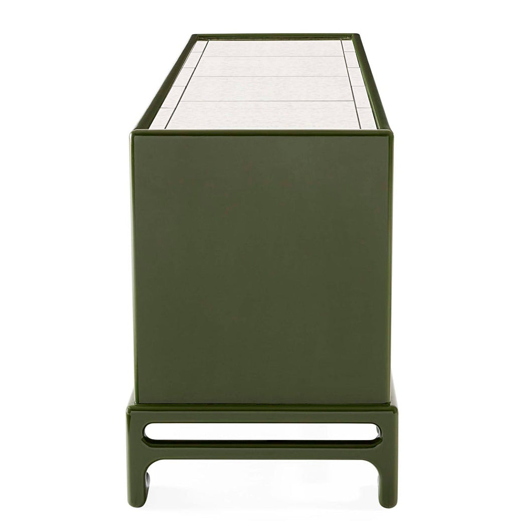 Side profile of Jonathan Adler Baldwin Credenza in antiqued mirror and olive lacquer with brass