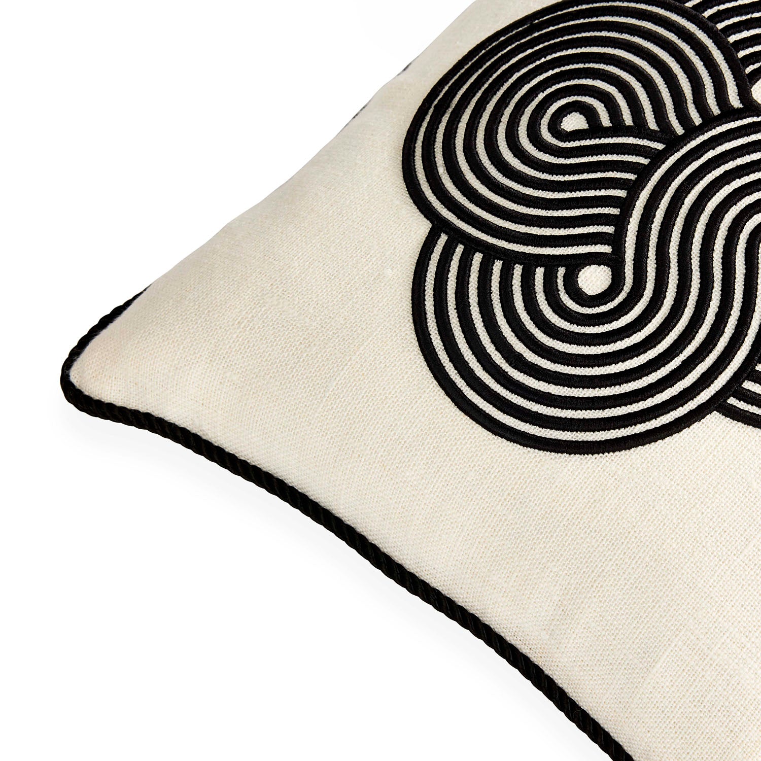 Jonathan Adler The Pompidou black and white Cloud embroidered linen pillow styled in a room