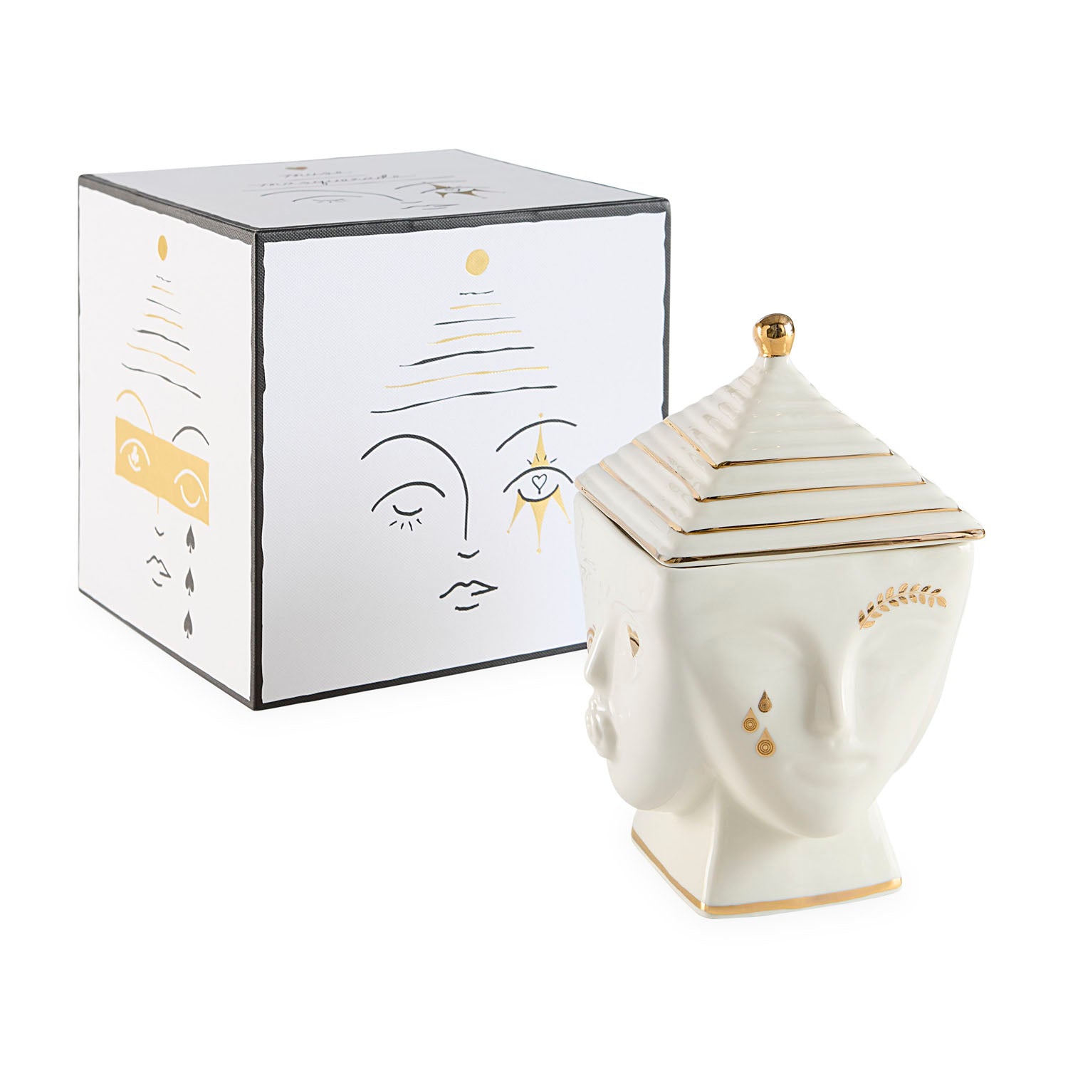 Jonathan Adler Muse Masquerade candle, detail of gold Deco face