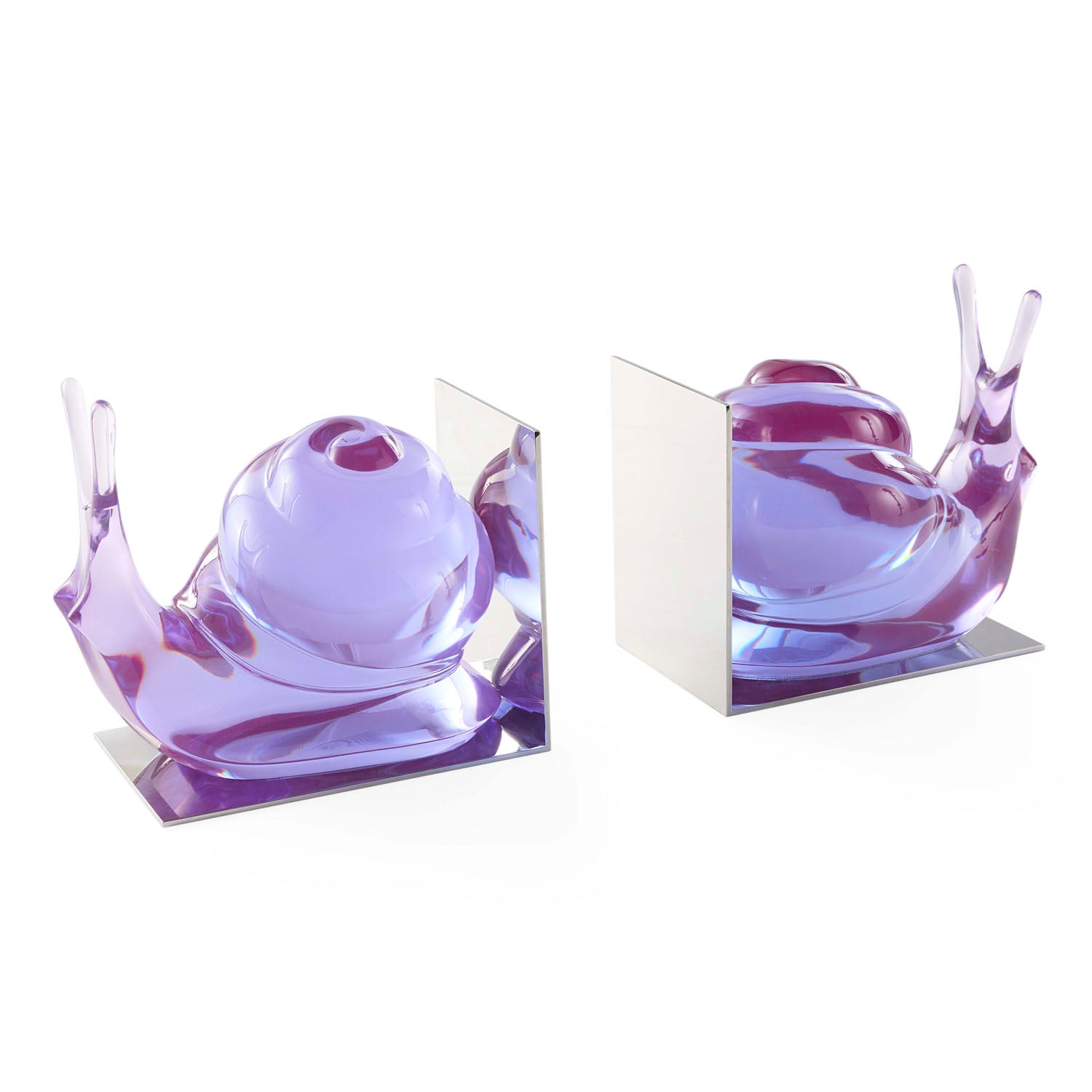Jonathan Adler Close-up of the acrylic sculpture and nickel base, Snail Bookend Set