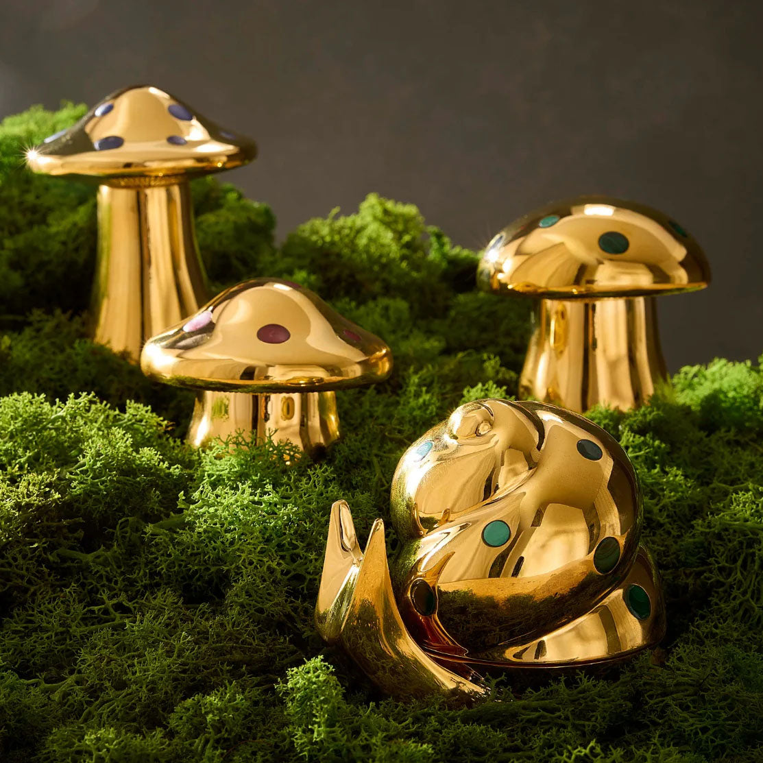 Close-up of sculpted snail shell detail on polished brass box