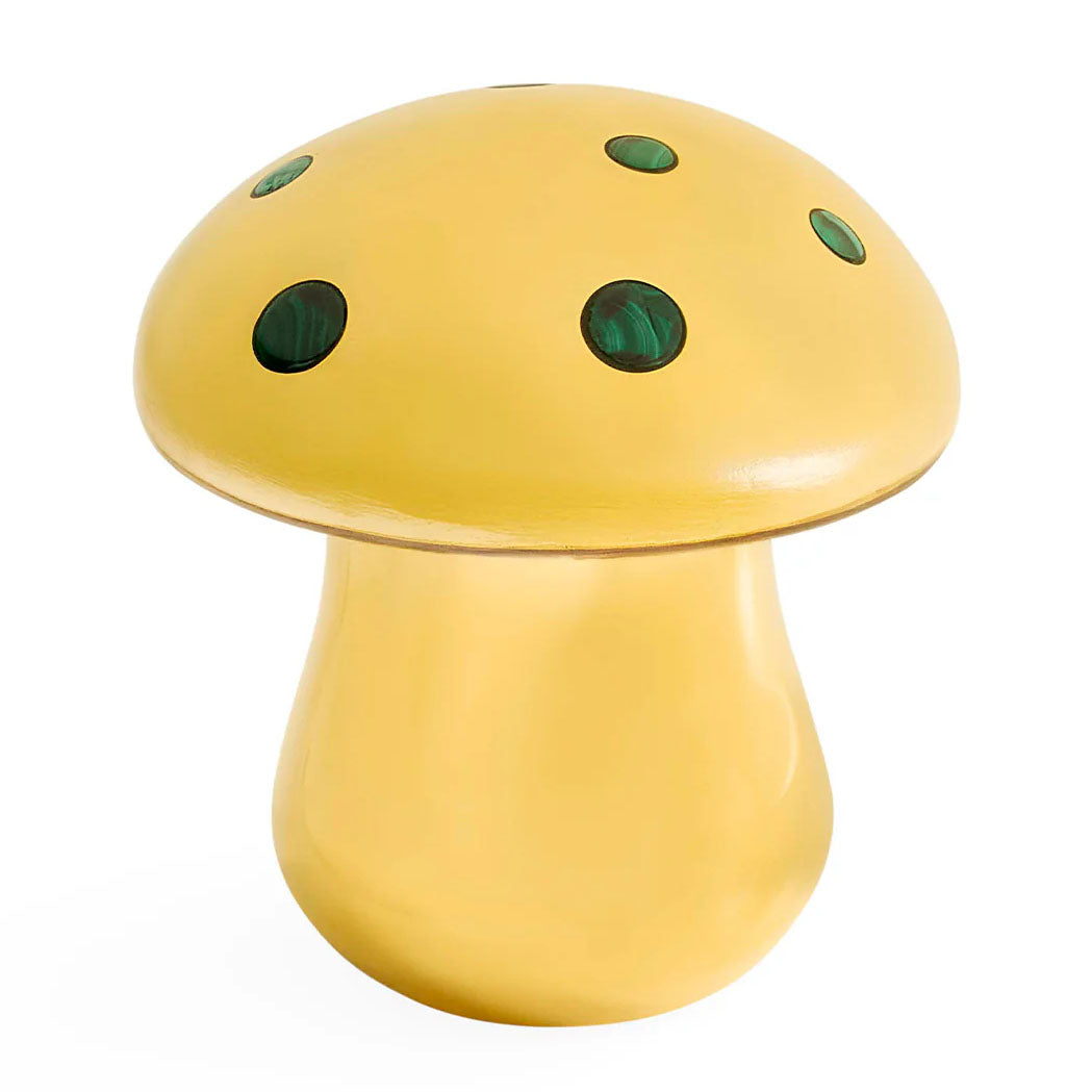Detail of sculpted mushroom cap on polished brass box