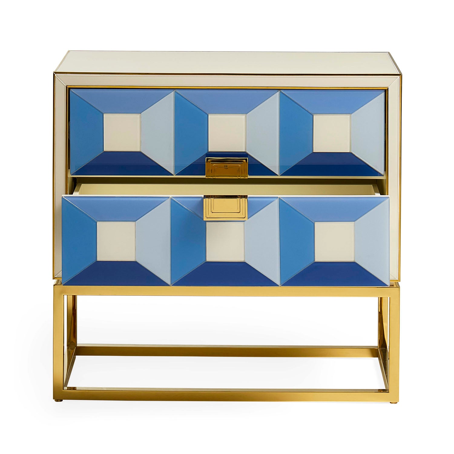 Jonathan Adler The Sorrento two-drawer console in blue back-painted glass with brass shown to scale