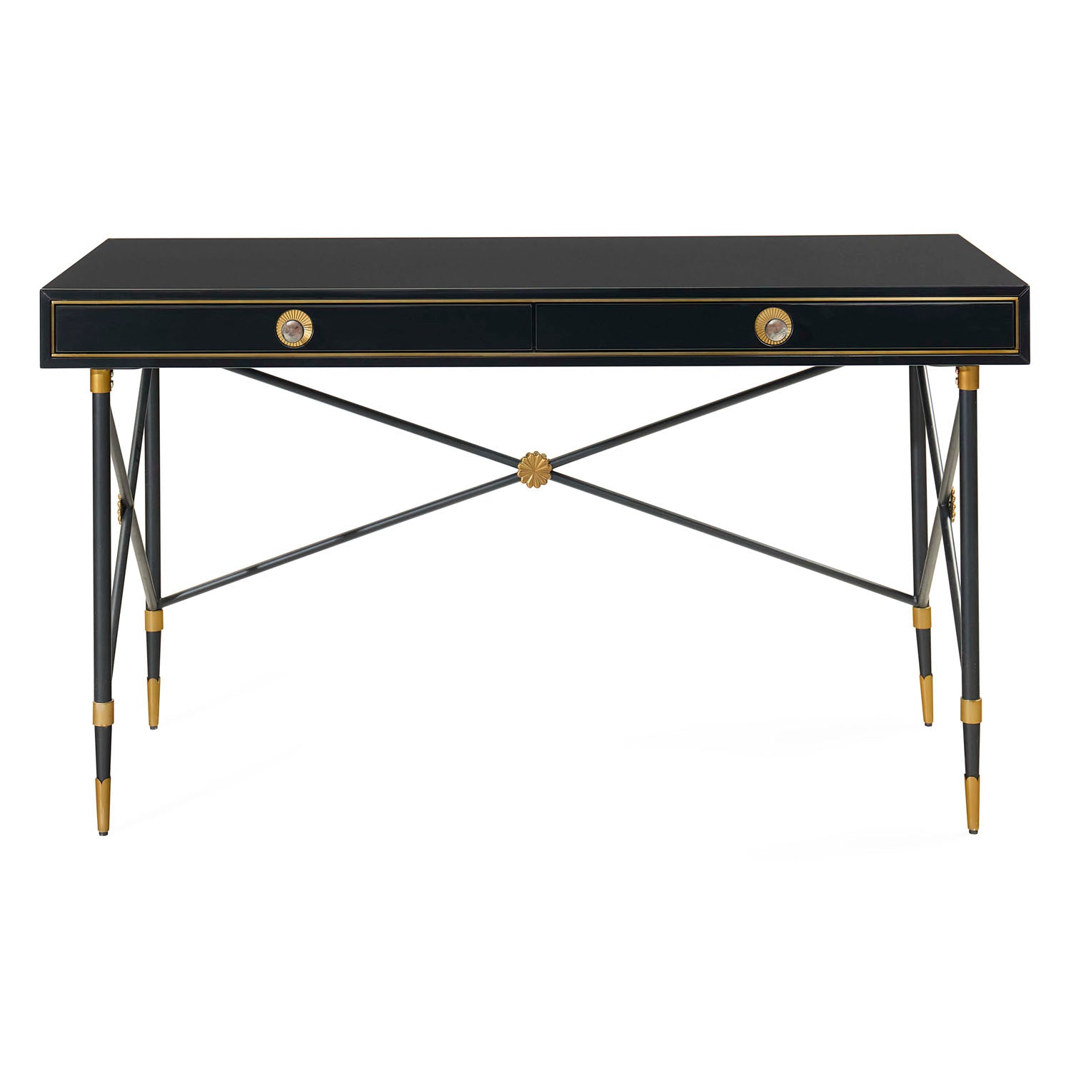 Jonathan Adler Close-up of the drawer pulls and brass accents, Rider Large Desk