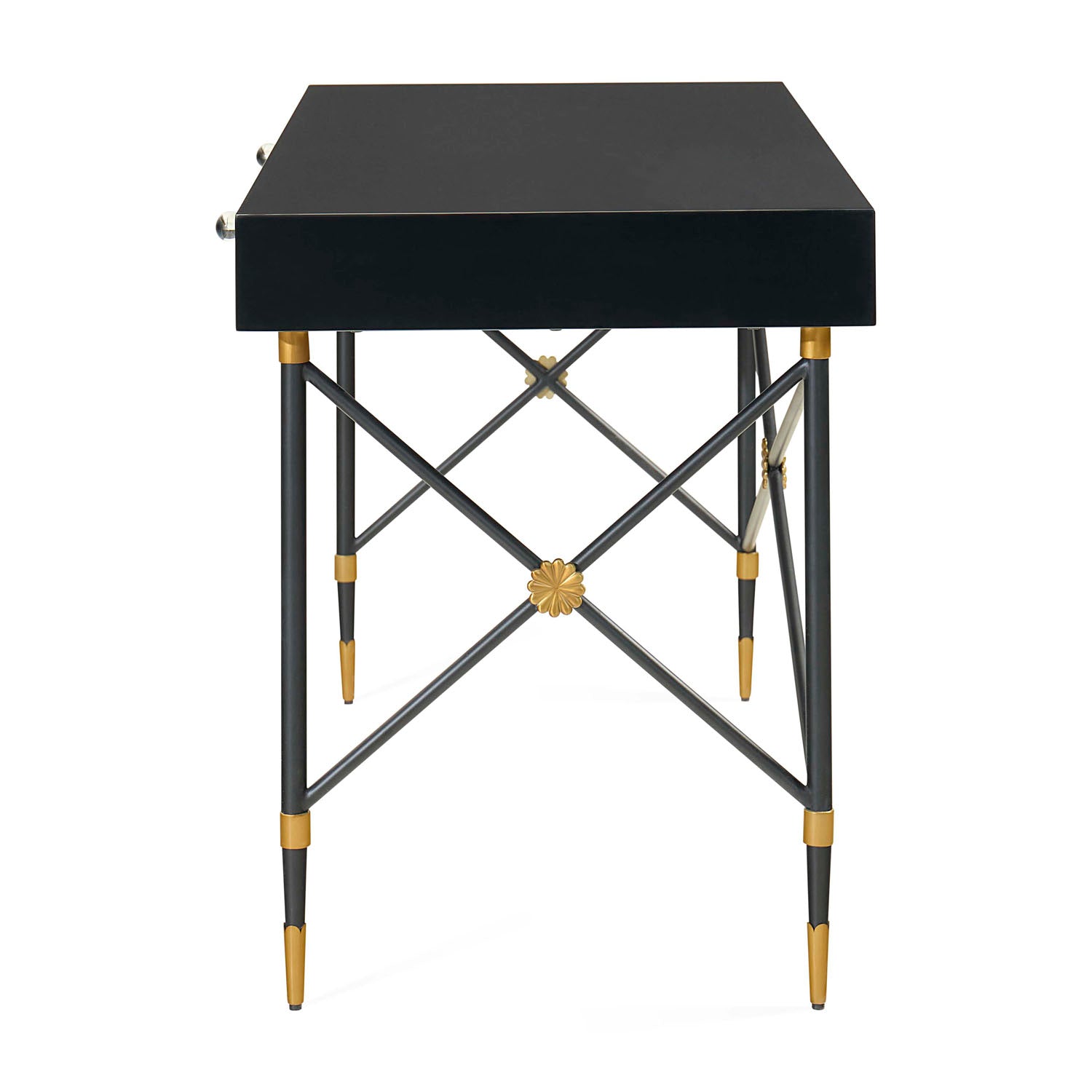 Jonathan Adler The Rider large desk with black lacquer top and brass accents styled in a room