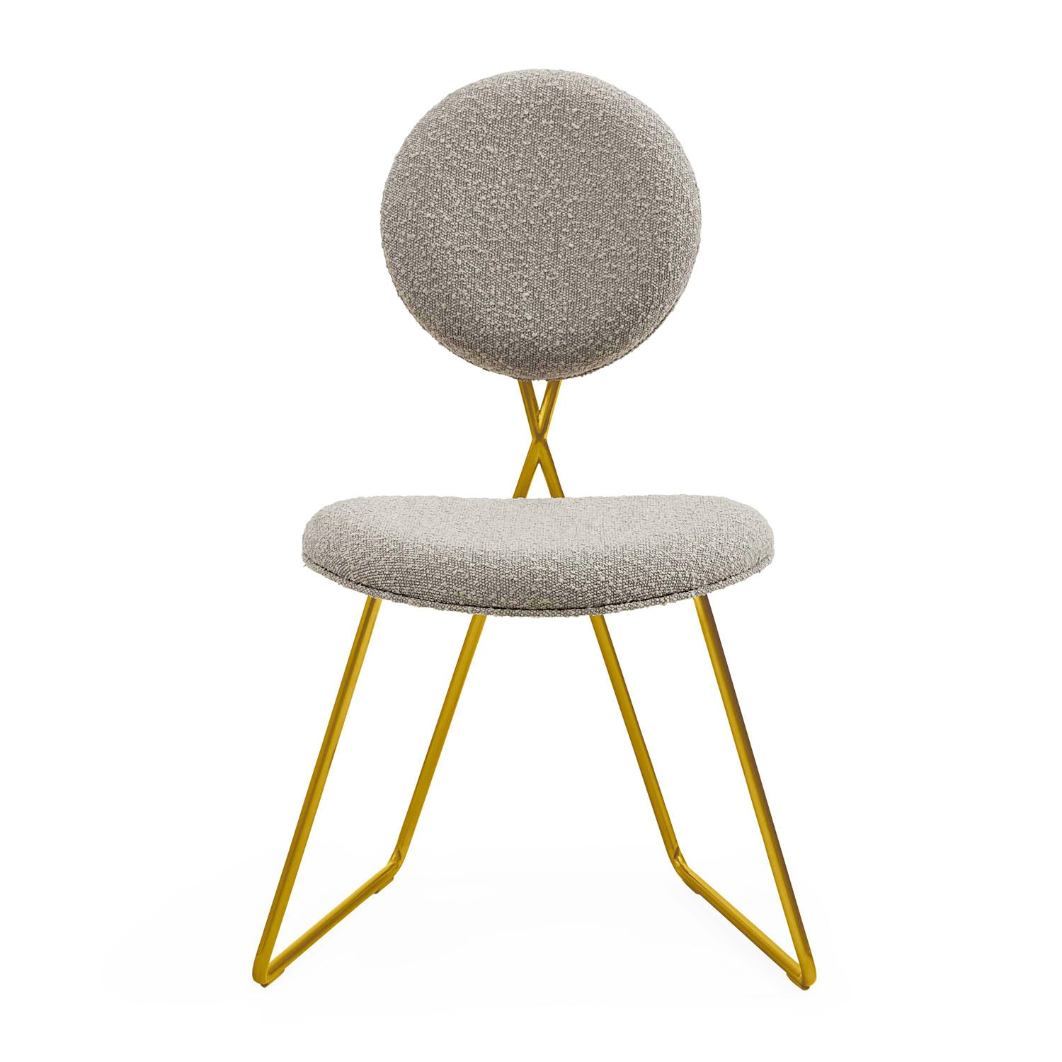 Jonathan Adler Caprice Dining Chair in Olympus Grey bouclé with brass frame styled in a room