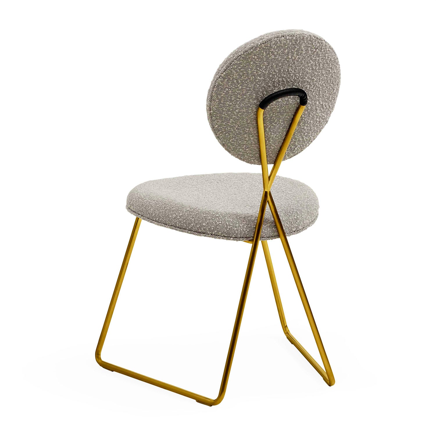 Side profile of Jonathan Adler Caprice Dining Chair in Olympus Grey bouclé with brass frame