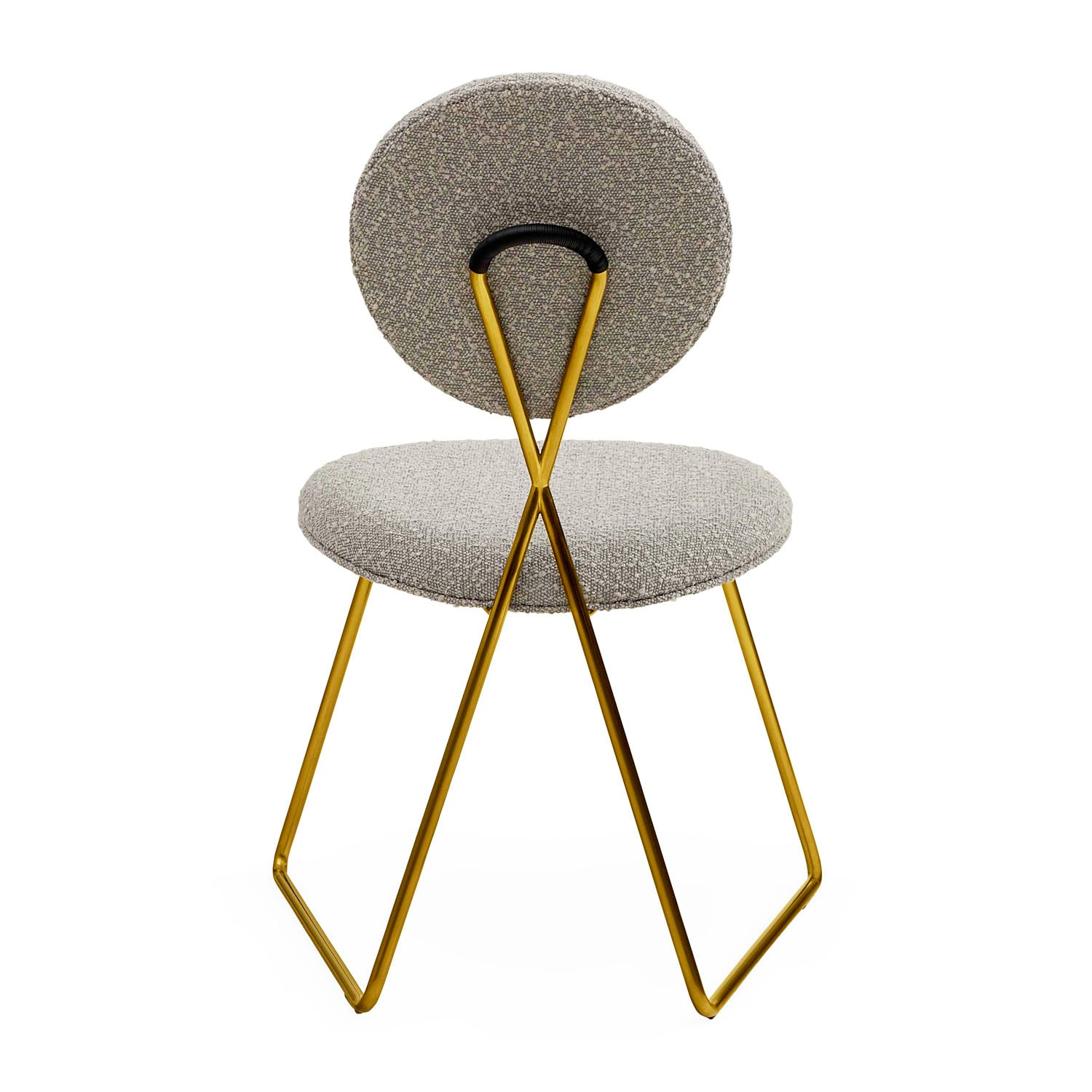 Jonathan Adler Caprice Dining Chair in Olympus Grey bouclé with brass frame shown to scale in a styled setting