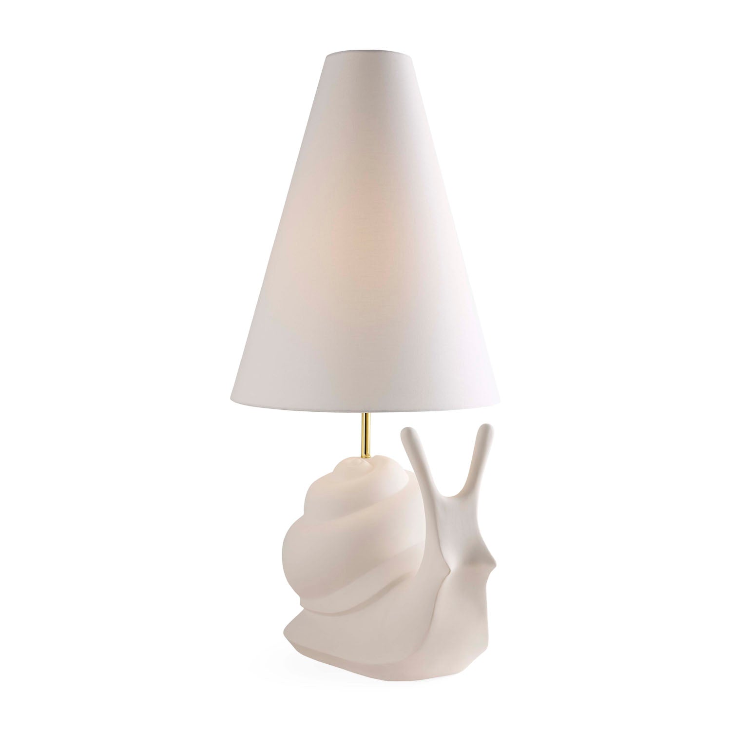 Jonathan Adler Giant Snail lamp, close-up of ivory linen rolled-edge shade