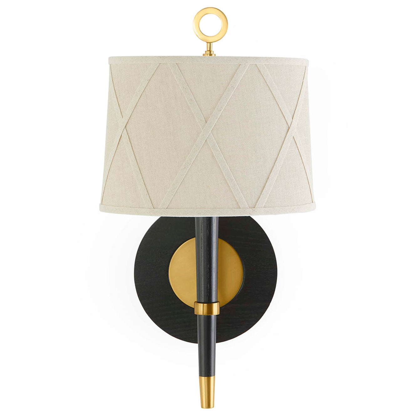 Close-up of X-crossed detail on oatmeal linen sconce shade