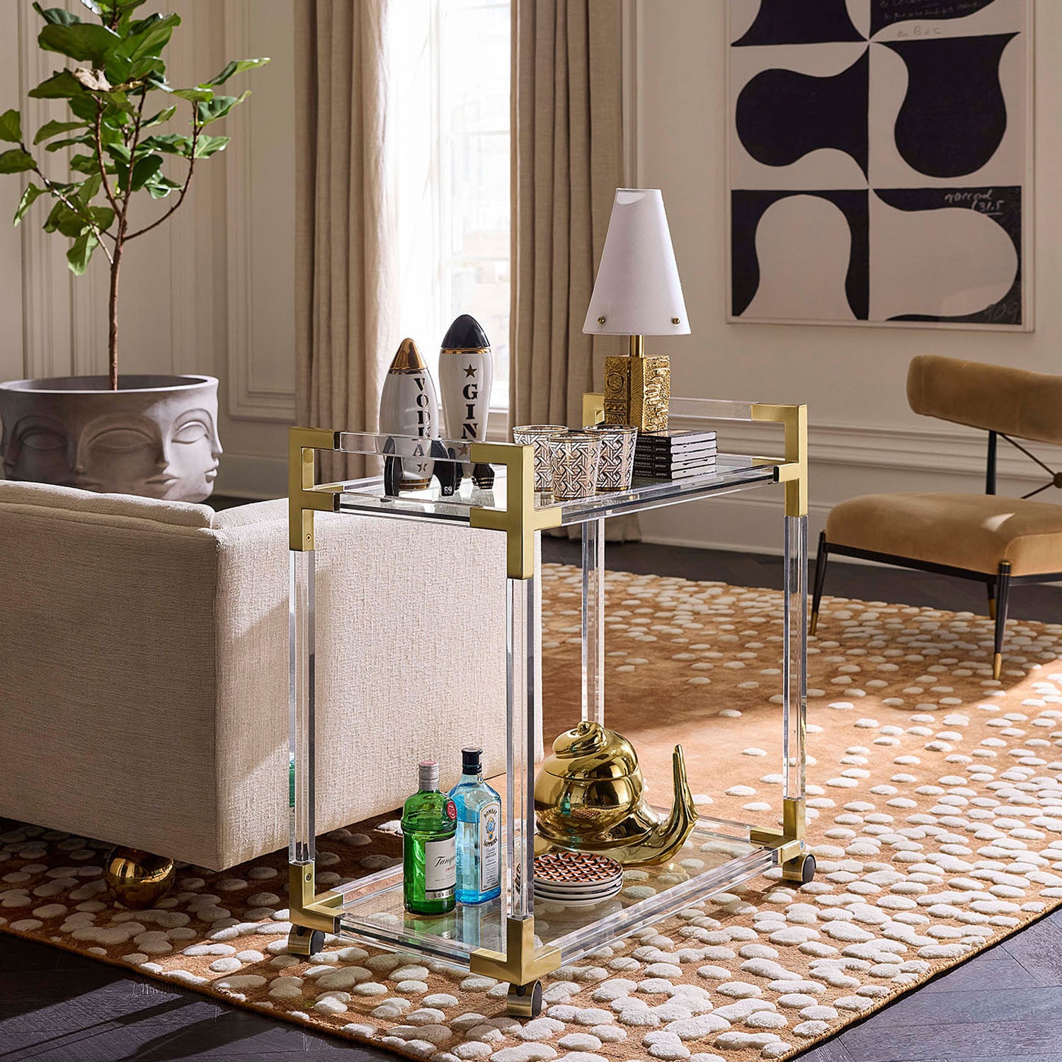 Jonathan Adler Foundry table lamp, detail of brass-accented milk glass shade