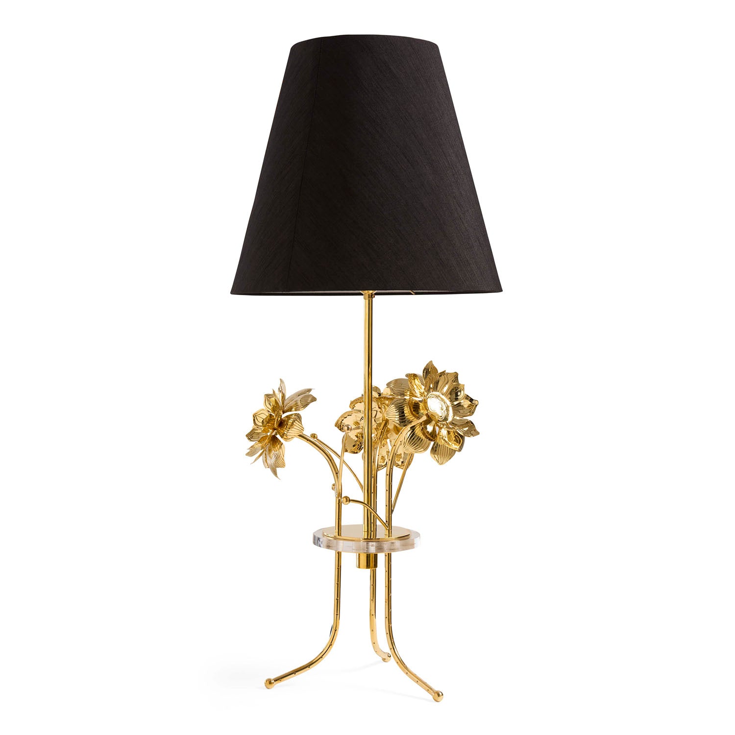 Jonathan Adler Brass Flower Table Lamp in solid polished brass styled in a room