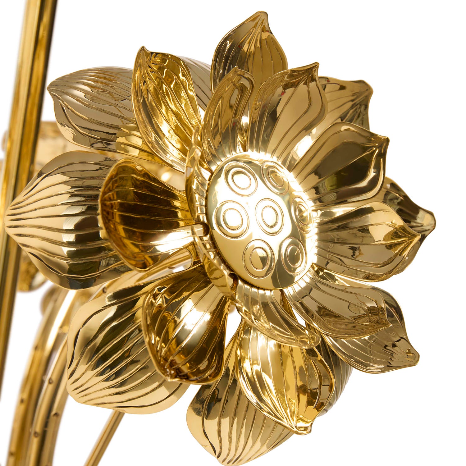 Jonathan Adler Brass Flower Table Lamp in solid polished brass shown to scale in a styled setting