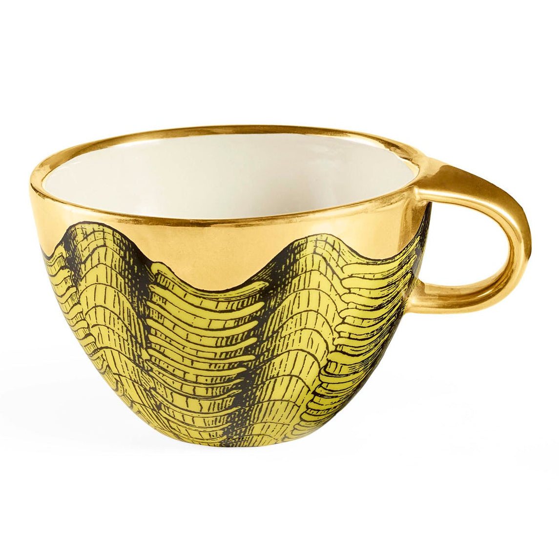 Jonathan Adler Side view of the Sirena teacup and saucer in white stoneware with gold accents