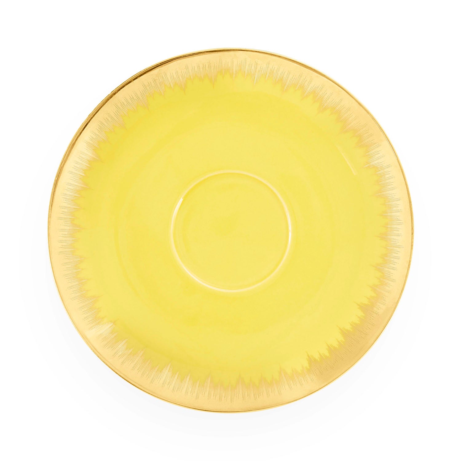 Jonathan Adler The Sirena teacup and saucer in white stoneware with gold accents shown to scale