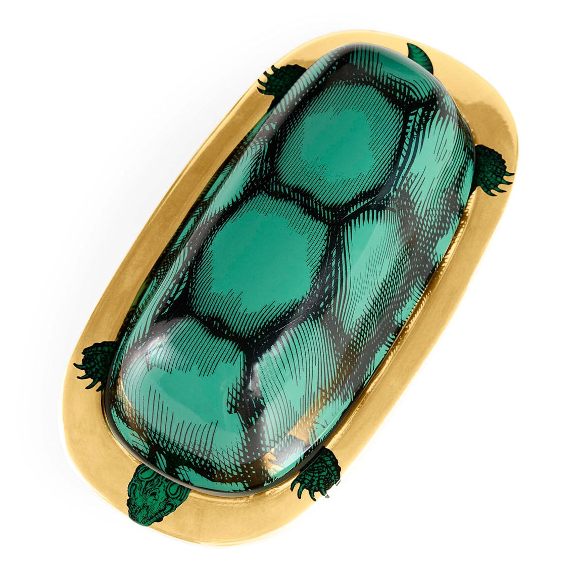 Jonathan Adler Side view of the Sirena butter dish in white stoneware with gold and color accents